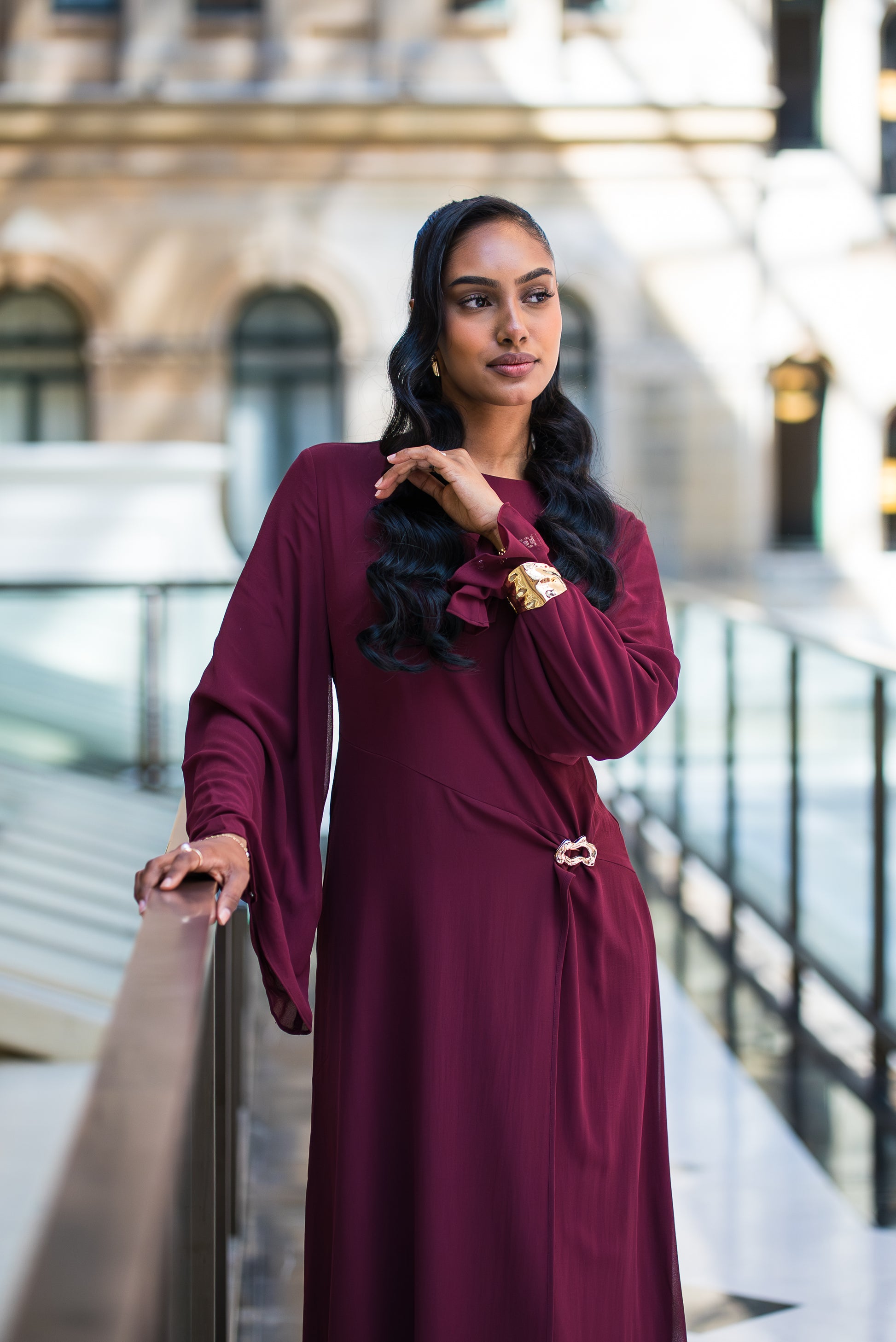 Selene Dress Burgundy | Modest Chiffon with Gold Brooch Ianna Collection Selene Dress Burgundy | Modest Chiffon with Gold Brooch Ianna Collection