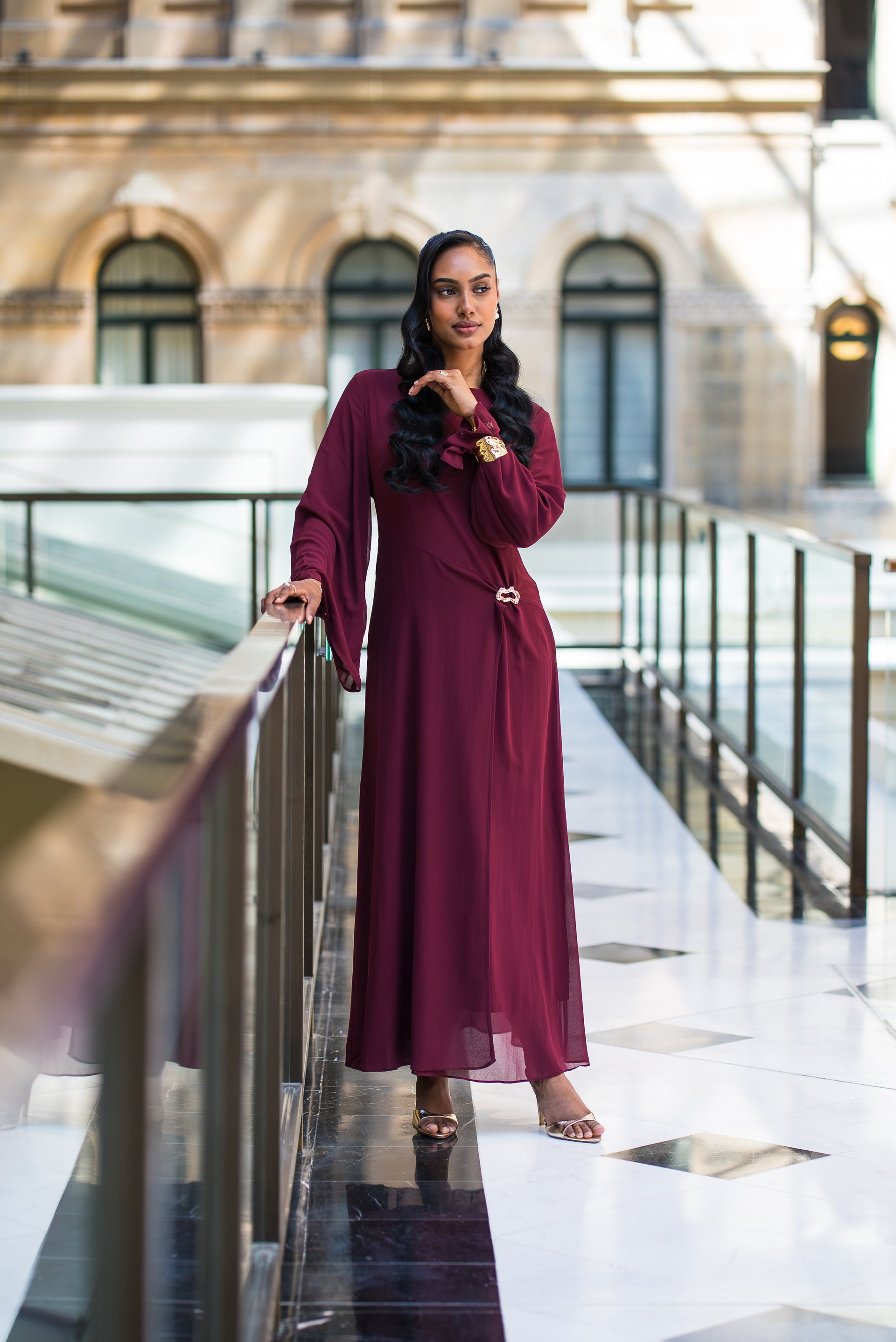 purple maroon dress Selene a modest neckline Color:Cognac Leather Handmade Marabelle – V-Neck Cross-Front